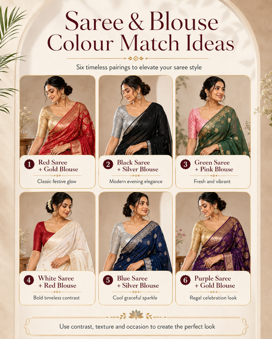 Saree and blouse colour matching ideas including red gold, black silver, green pink, white red, blue silver and purple gold