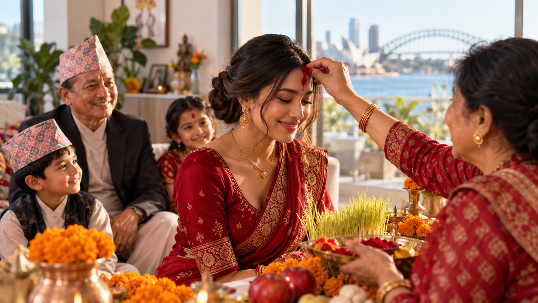 Nepali family celebrating Dashain in Sydney with tika, jamara and traditional dress