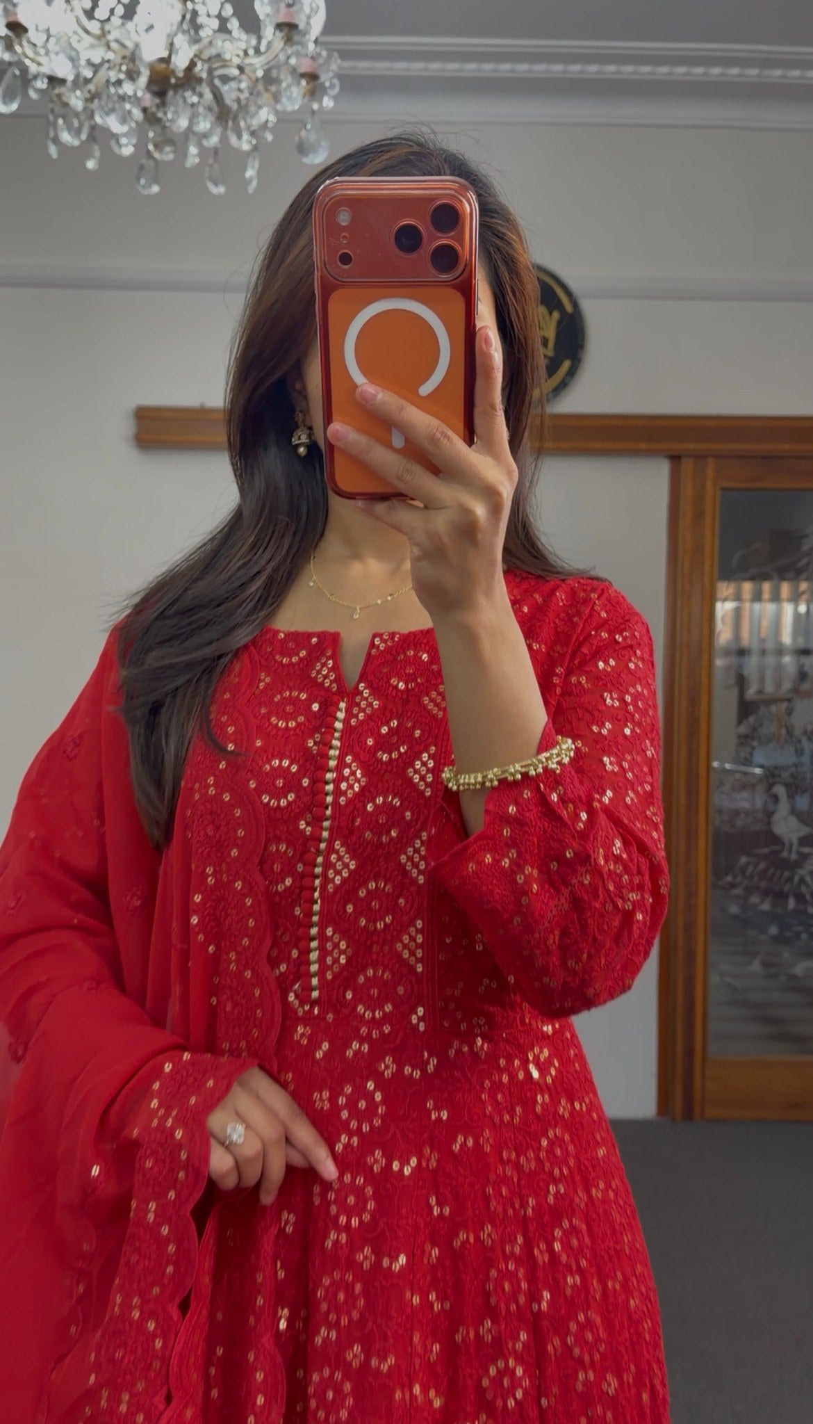 Red georgette Anarkali set with Chikankari embroidery, sequin mirror work and matching scalloped dupatta — Behuli Australia — view 4