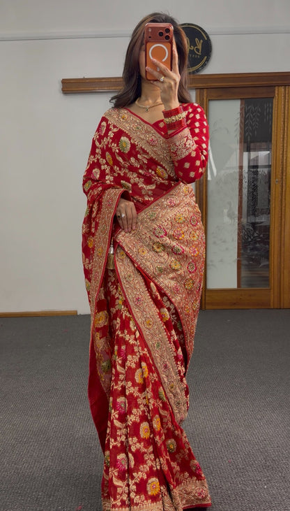 Deep red Khaddi Georgette saree with all-over gold zari and multicolour resham floral embroidery and embroidered blouse — — view 3