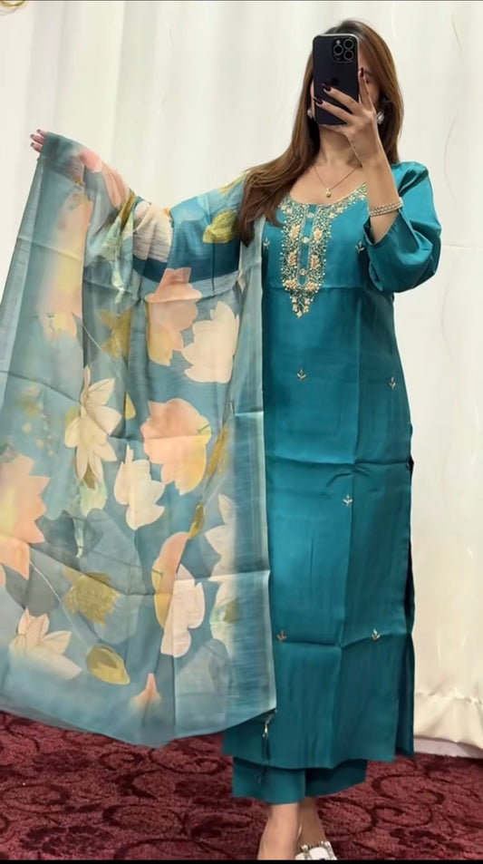 Silk Kurti set with printed dupatta