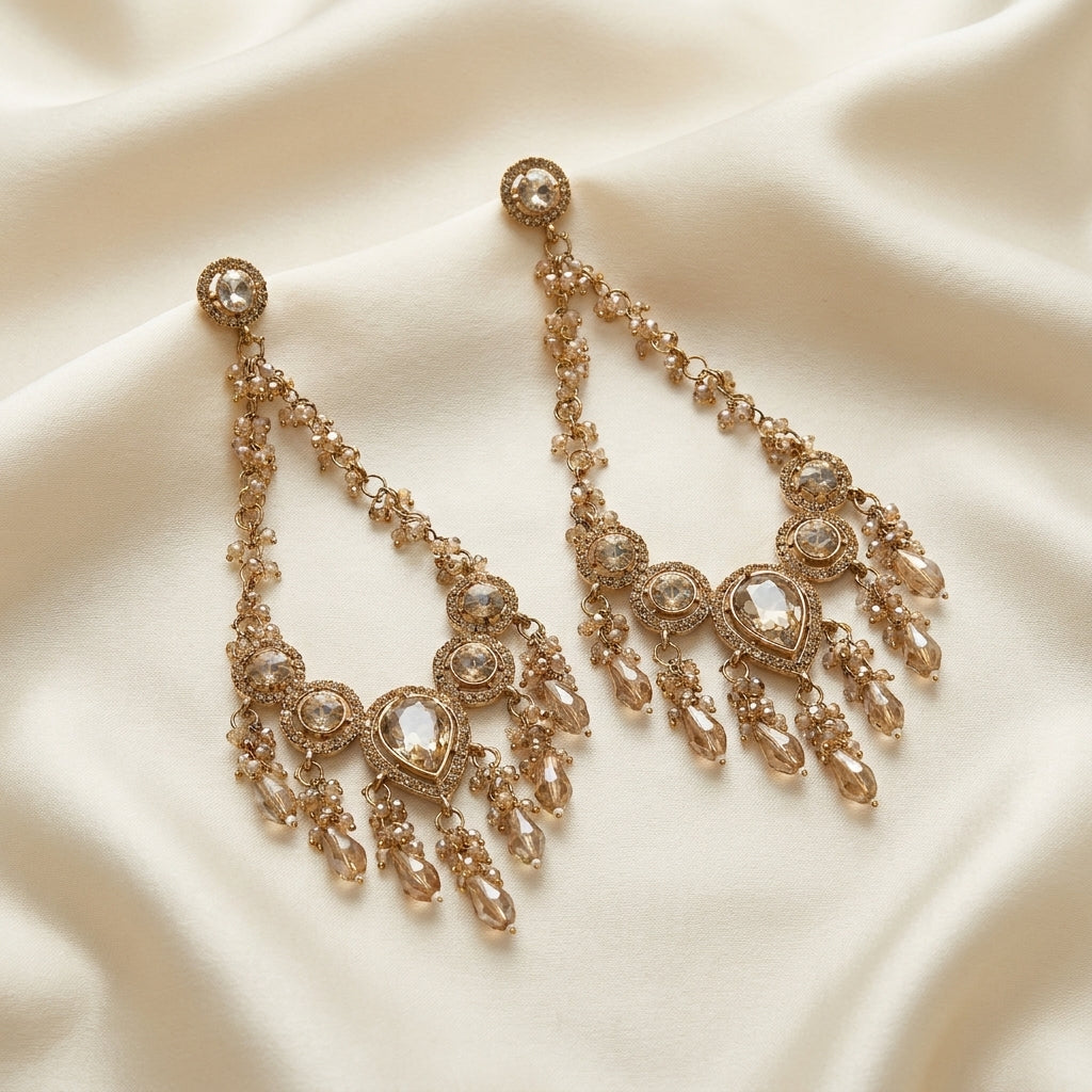 Champagne gold chandelier drop earrings with kundan stone setting and crystal bead fringing — Behuli Australia