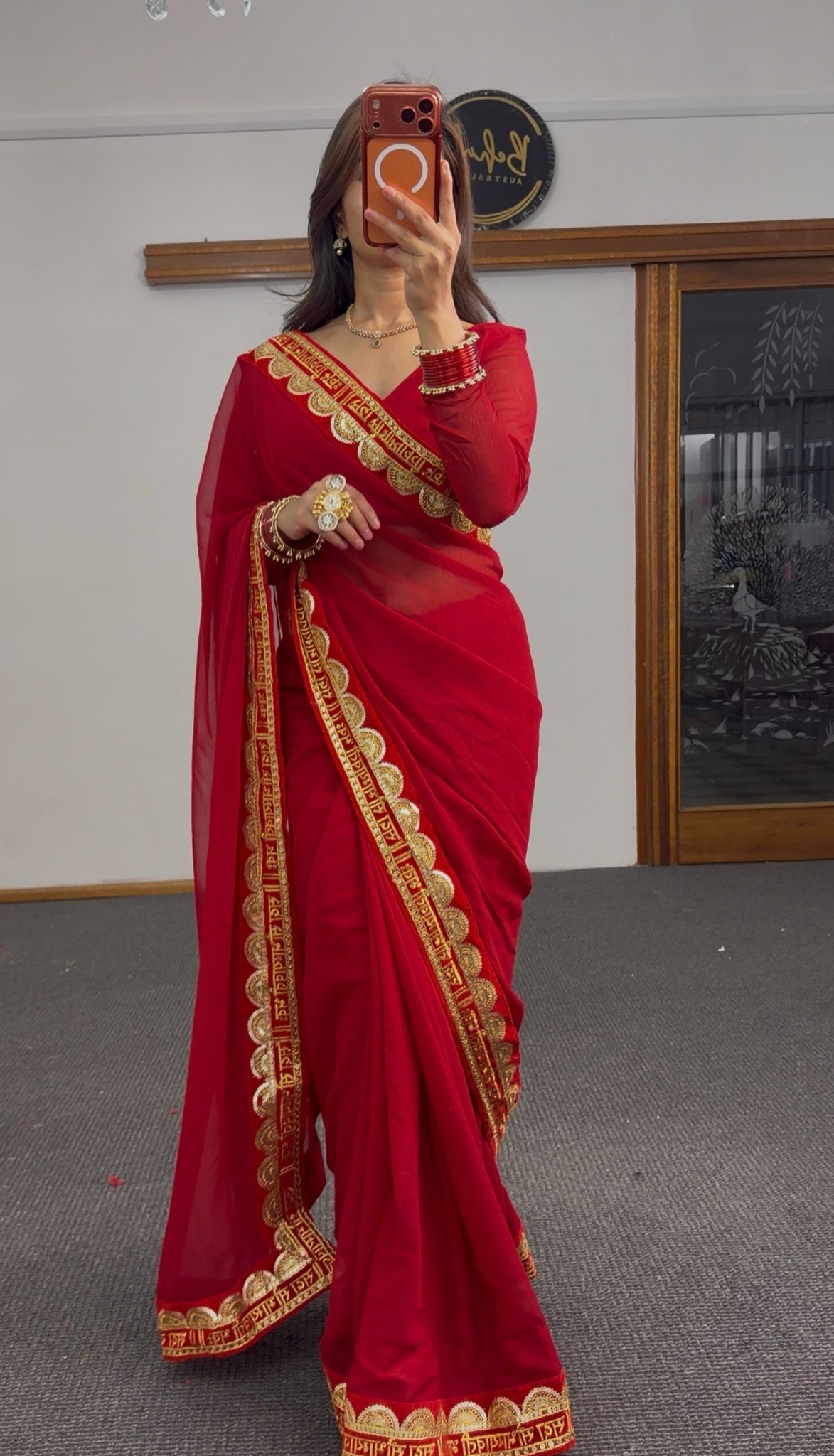 Crimson red georgette saree with gold zari scalloped mantra border and full-sleeve blouse — Behuli Australia — view 4
