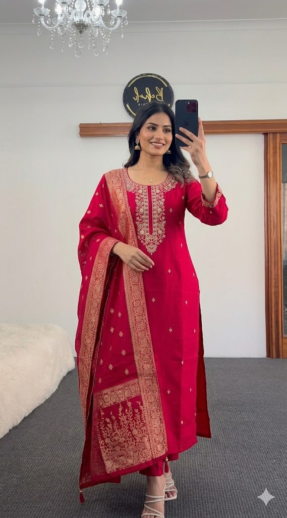 Handcrafted Crimson Dola Silk Kurta Set