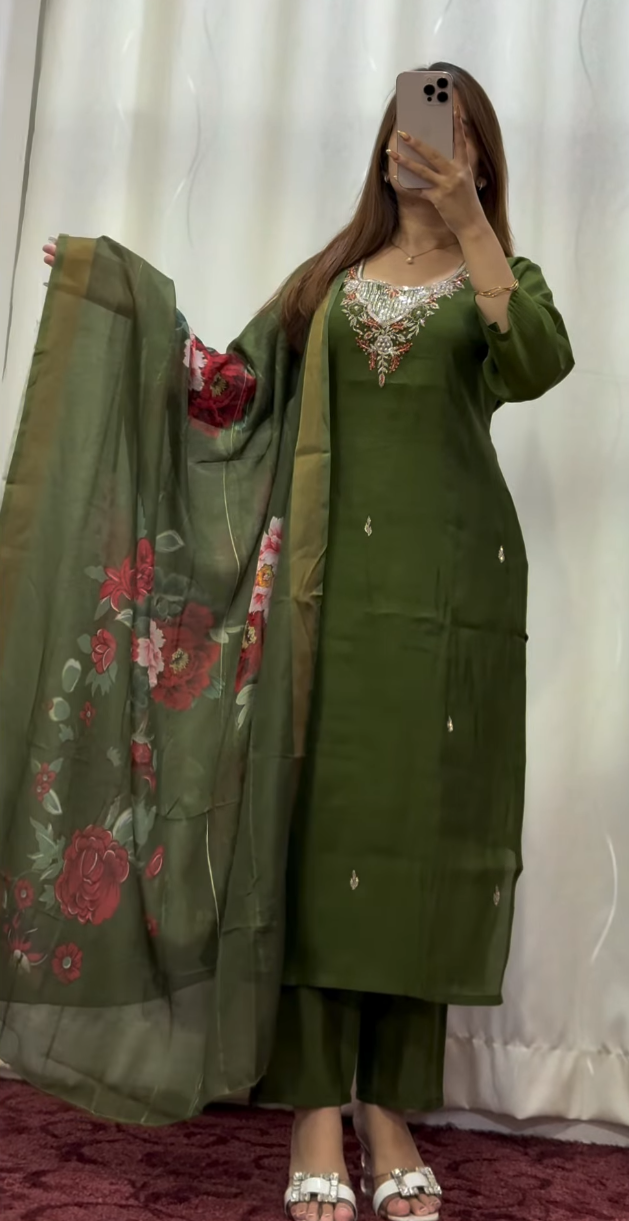 Olive green pure silk kurti set with kundan cutdana neckline embroidery and matching floral organza dupatta with gold zari — view 3