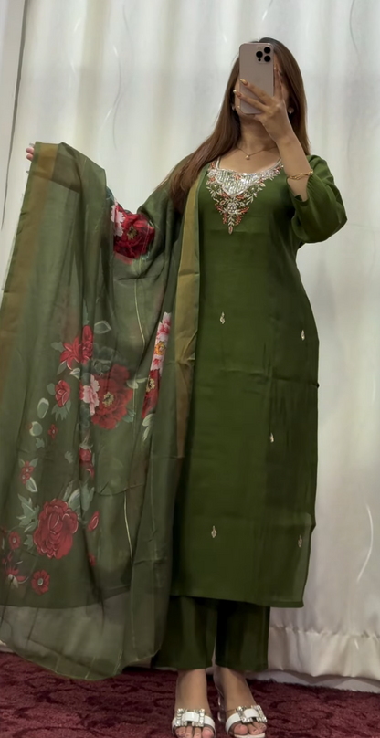 Olive green pure silk kurti set with kundan cutdana neckline embroidery and matching floral organza dupatta with gold zari — view 3