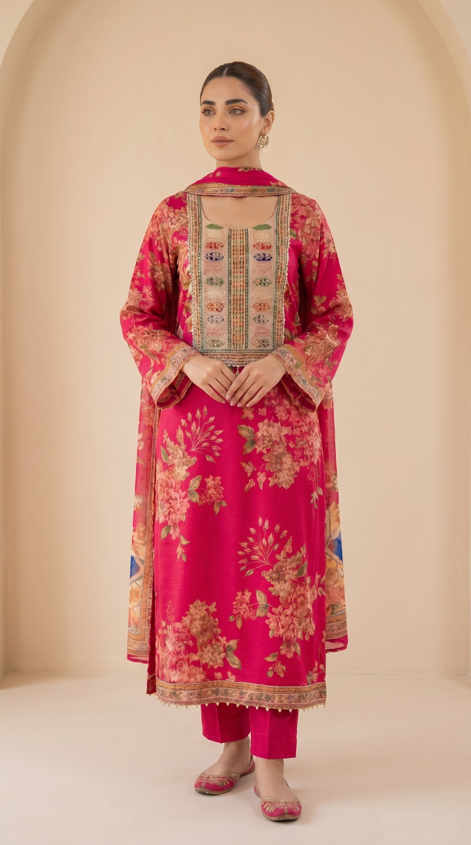 Fuchsia Embroidered Kurti Set with Floral Motifs