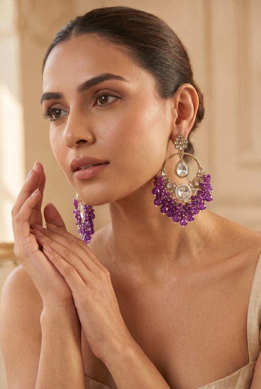Purple Kundan & Crystal Chandbali Earrings with Beaded Drops