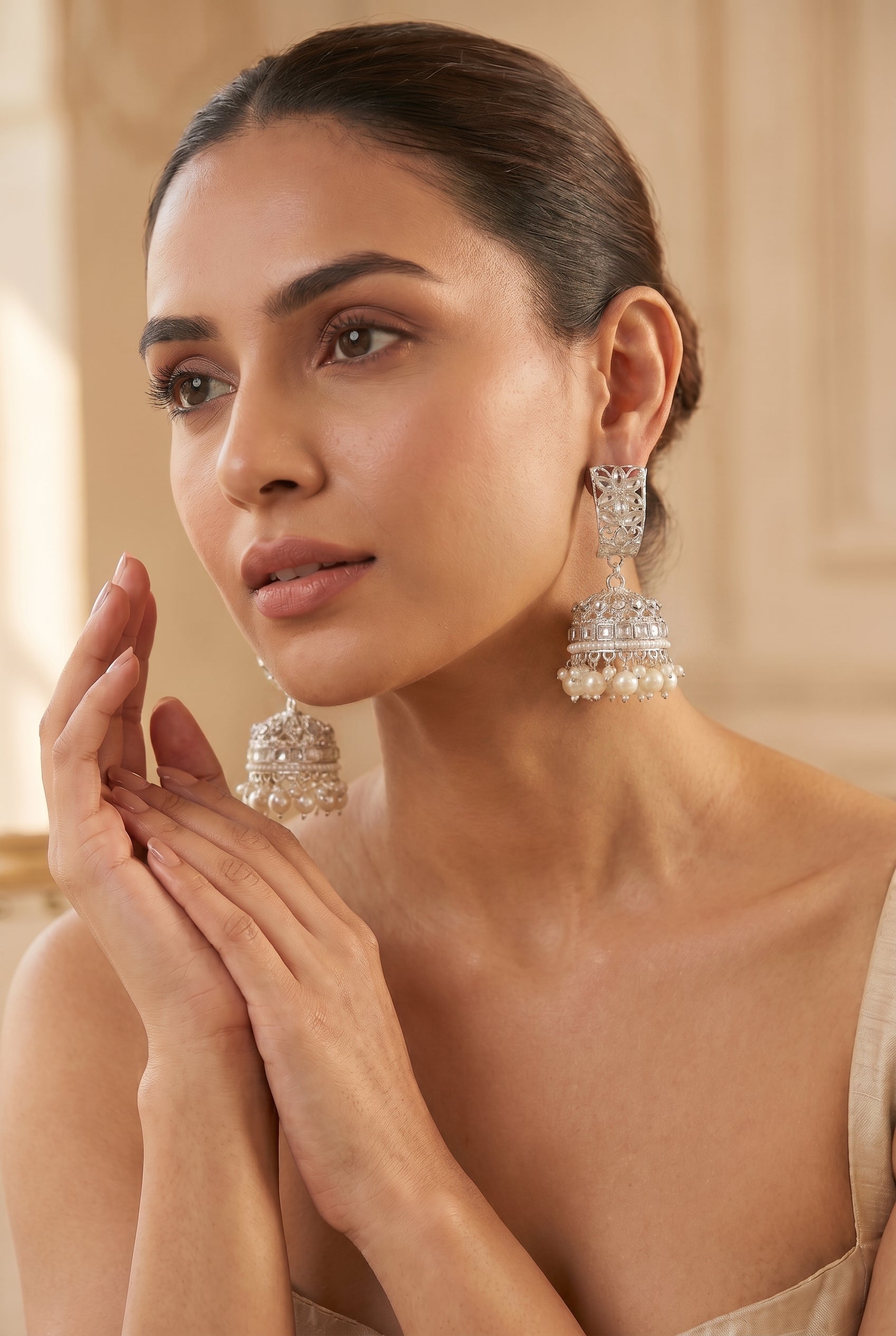 Silver Kundan Jhumka Earrings with Pearl Drops