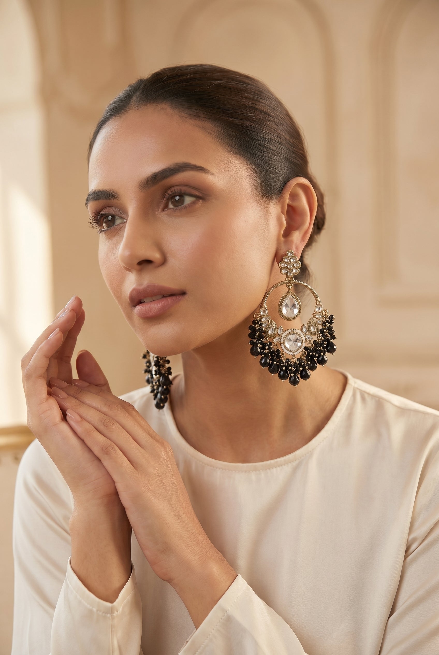 Gold & Black Kundan Statement Earrings with Crystal Drops