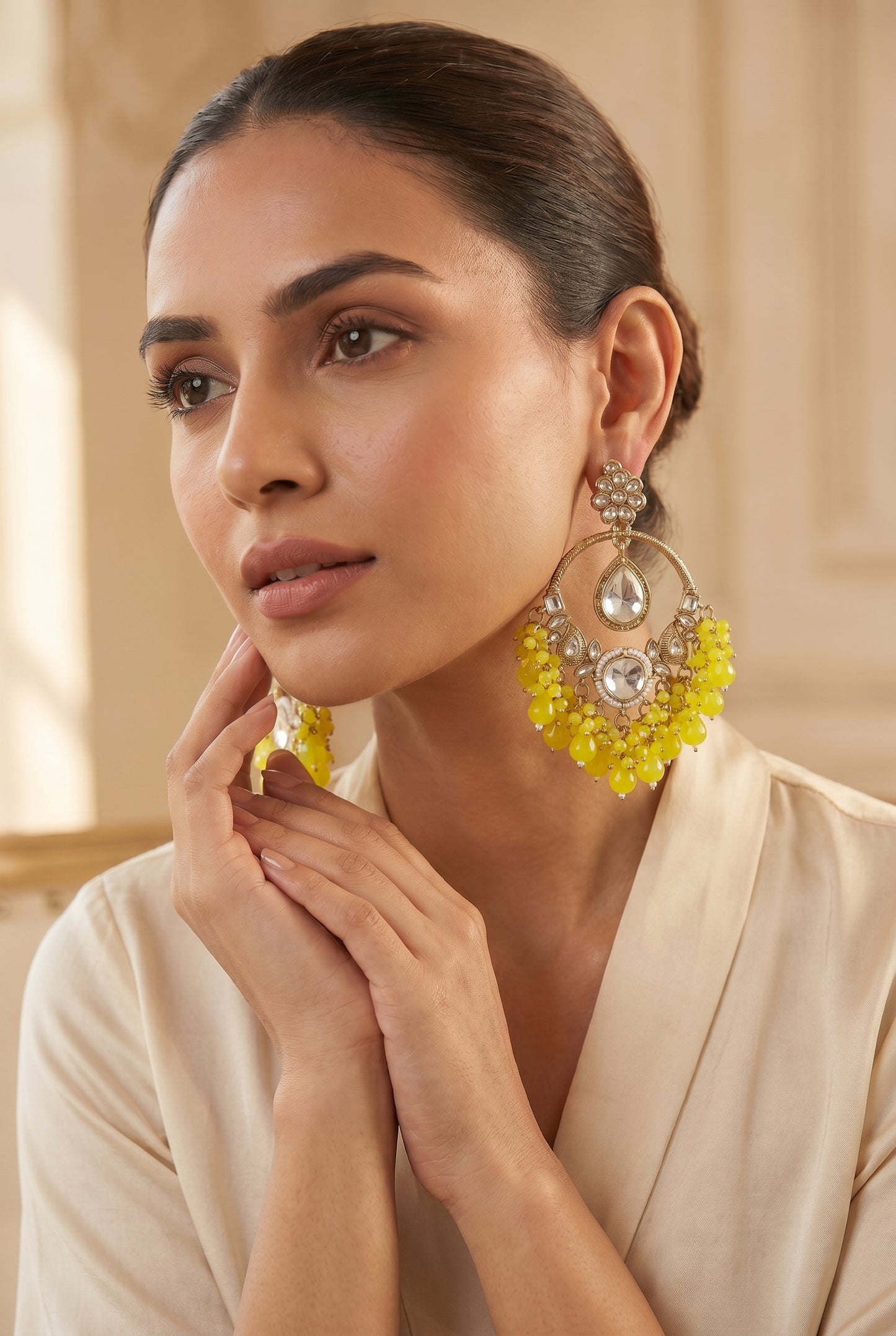 Yellow Beaded Chandbali Earrings with Kundan & Crystal Detailing
