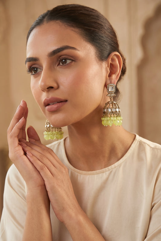 Kundan & Yellow Bead Jhumka Earrings | Gold Plated Statement