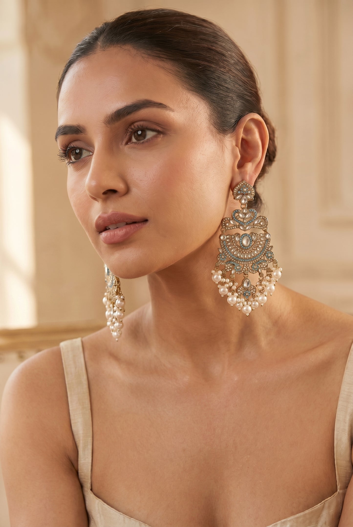 Gold Kundan Pearl Chandelier Earrings - Statement Bridal Jewellery