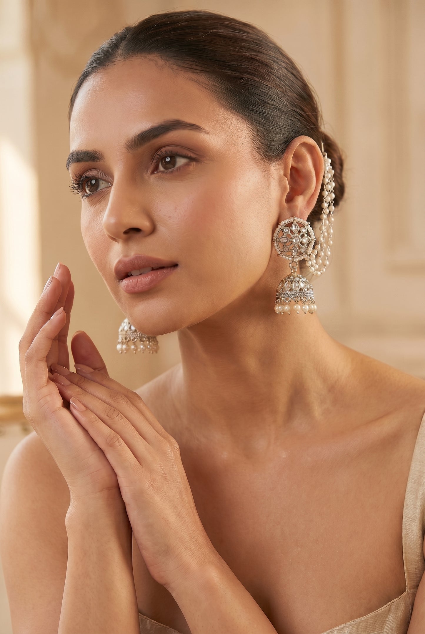 Silver Pearl Jhumka Earrings with Kundan & Chain Detail
