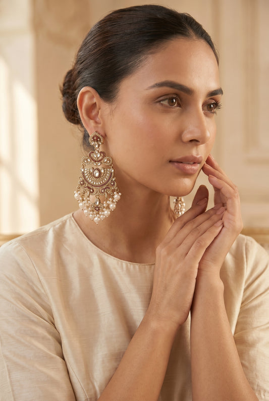Gold Pearl Kundan Chandbali Earrings – Handcrafted Statement