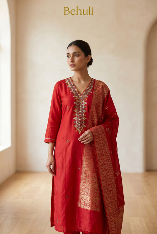 Red Zari Mix Silk Kurti Set