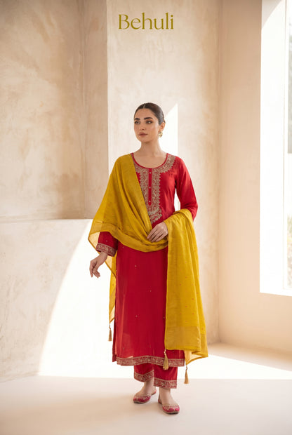 Red silk palazzo suit set with zari embroidery and mustard dupatta — Behuli Australia — alternate view 2