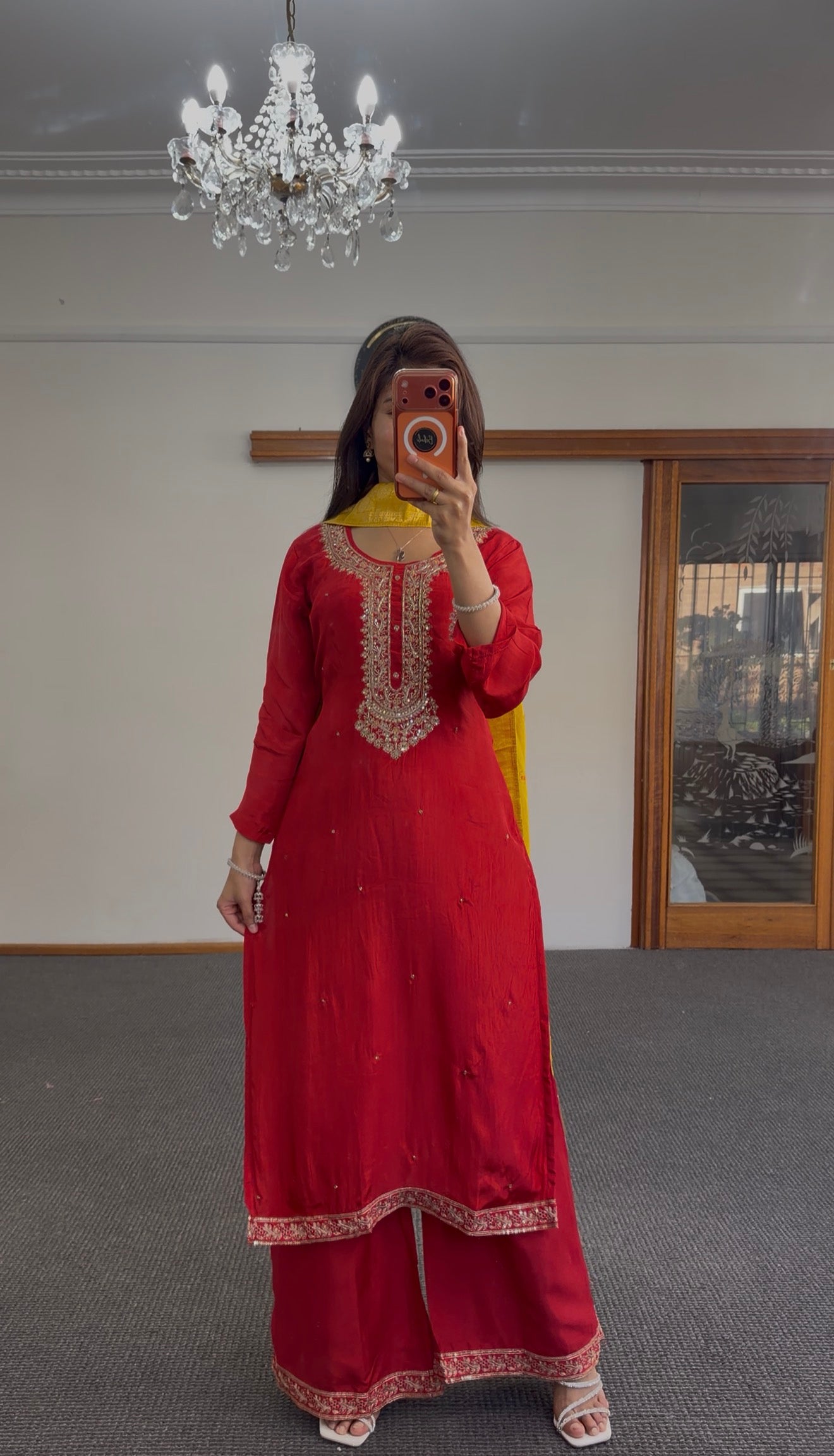Red Zari Silk Palazzo Suit Set