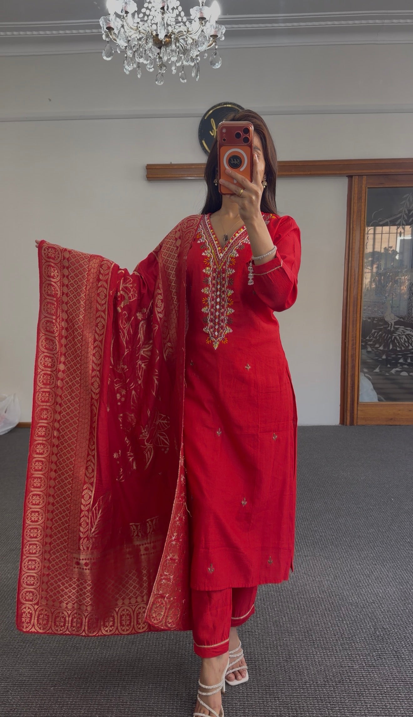 Red Zari Mix Silk Kurti Set