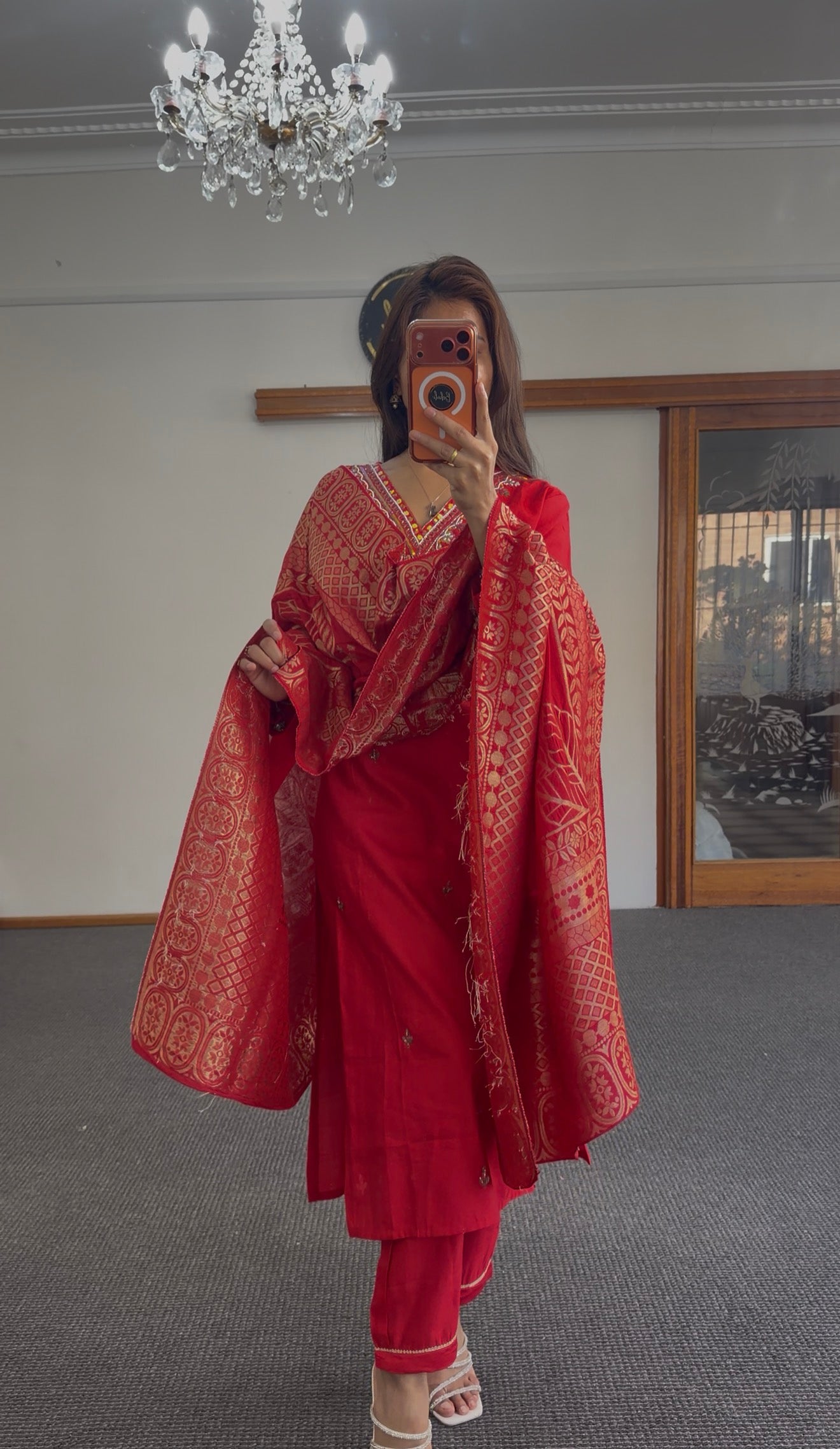 Red Zari Mix Silk Kurti Set