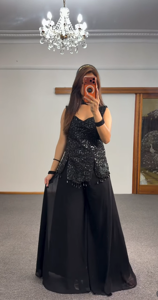Black Sequin Georgette Kurti Set