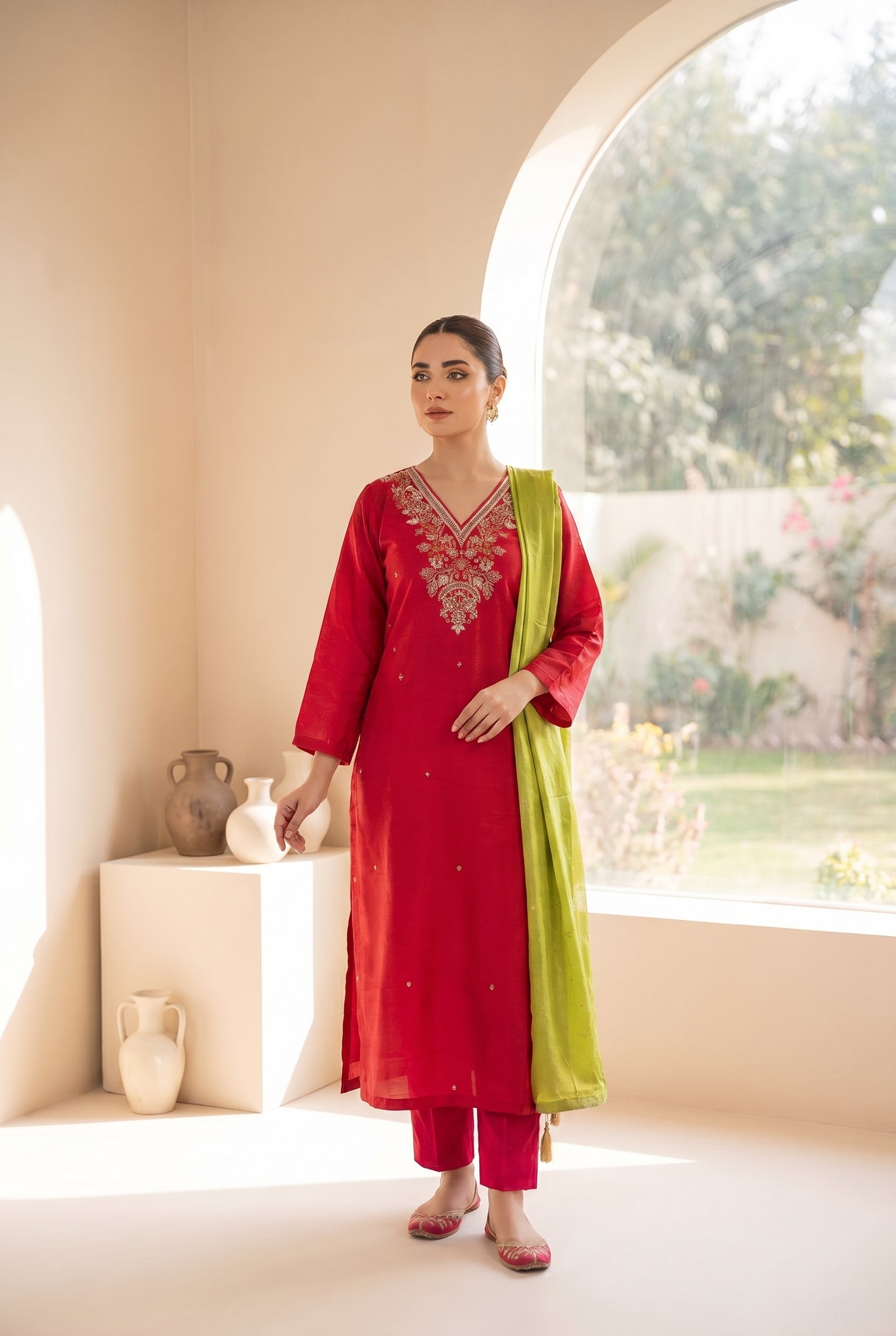 Red Zari Silk Kurti Set