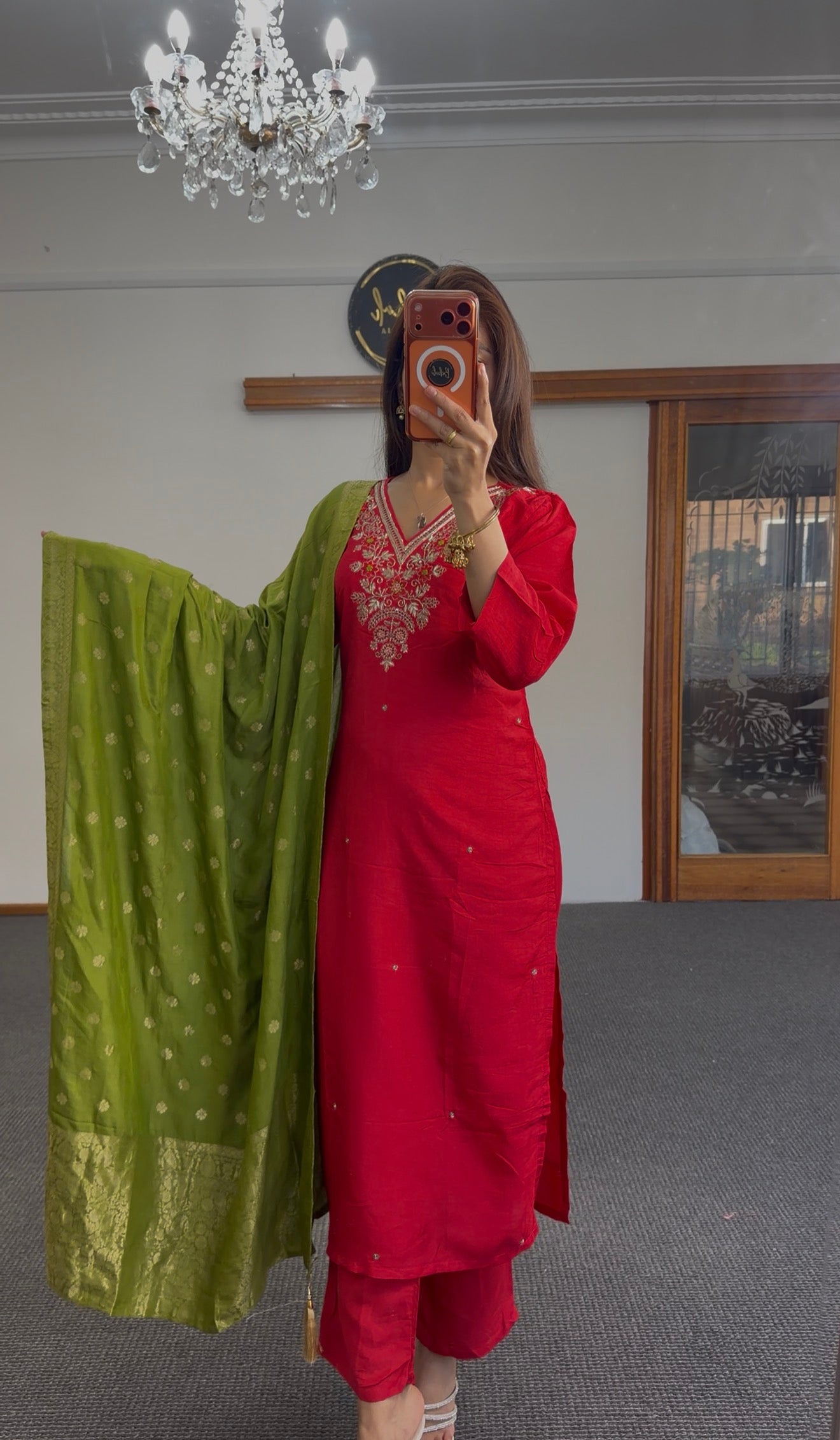 Red Zari Silk Kurti Set
