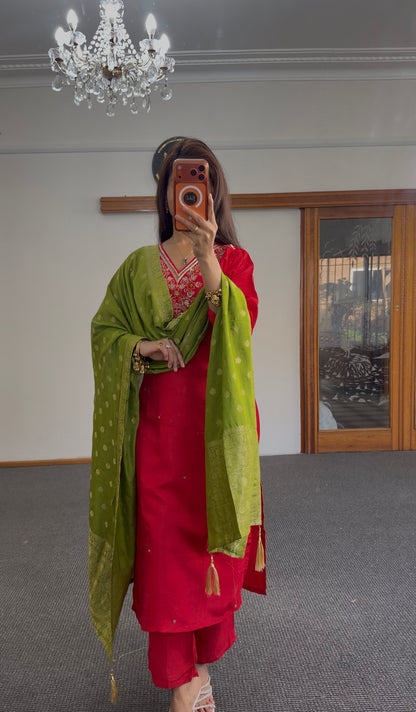Red Zari Silk Kurti Set