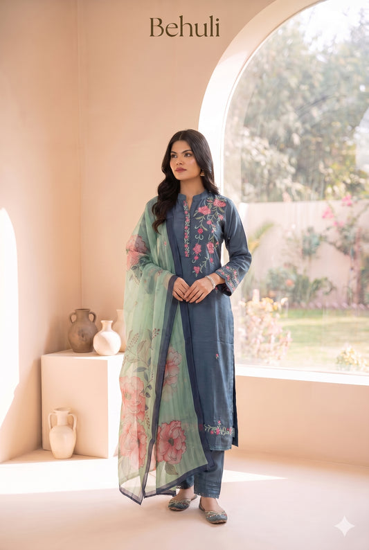 Slate blue Floral Mix Silk Kurti Set