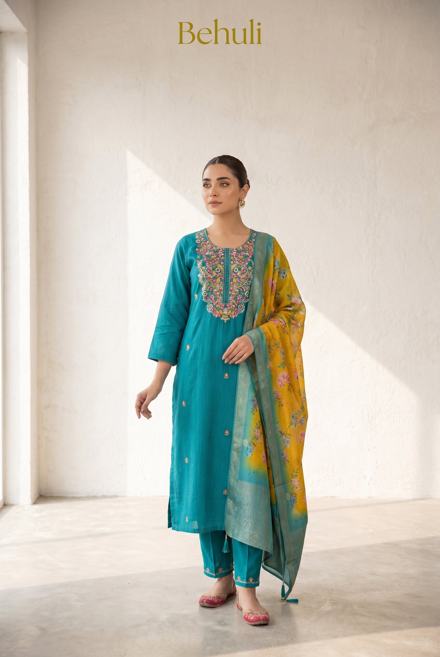 Mustard Zari Silk Kurti Set