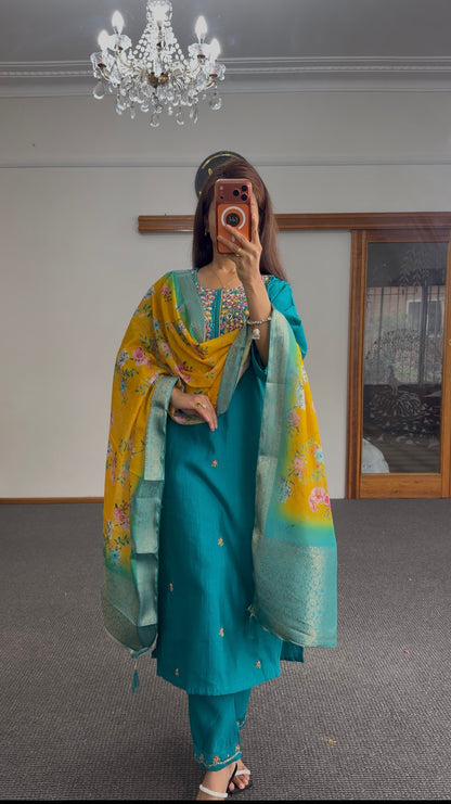 Mustard Zari Silk Kurti Set