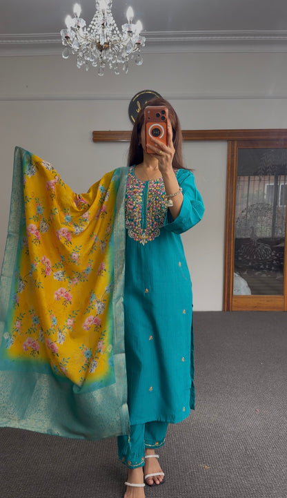 Mustard Zari Silk Kurti Set