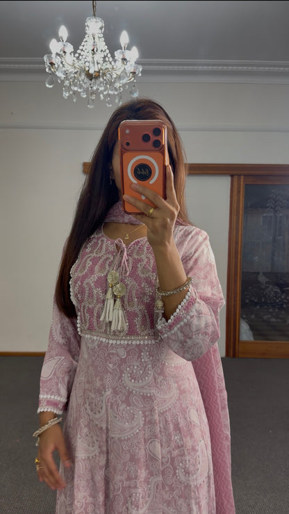 Dusty Rose Georgette Anarkali Set with Zari & Sequin Work
