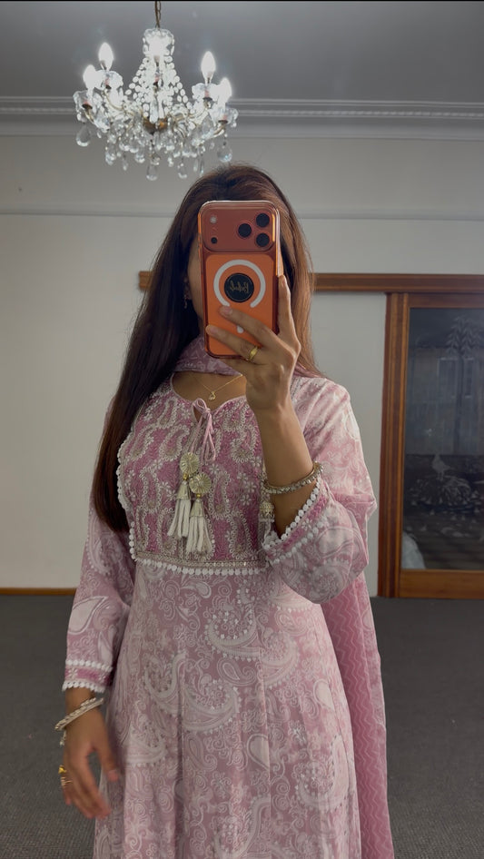 Dusty Rose Georgette Anarkali Set with Zari & Sequin Work