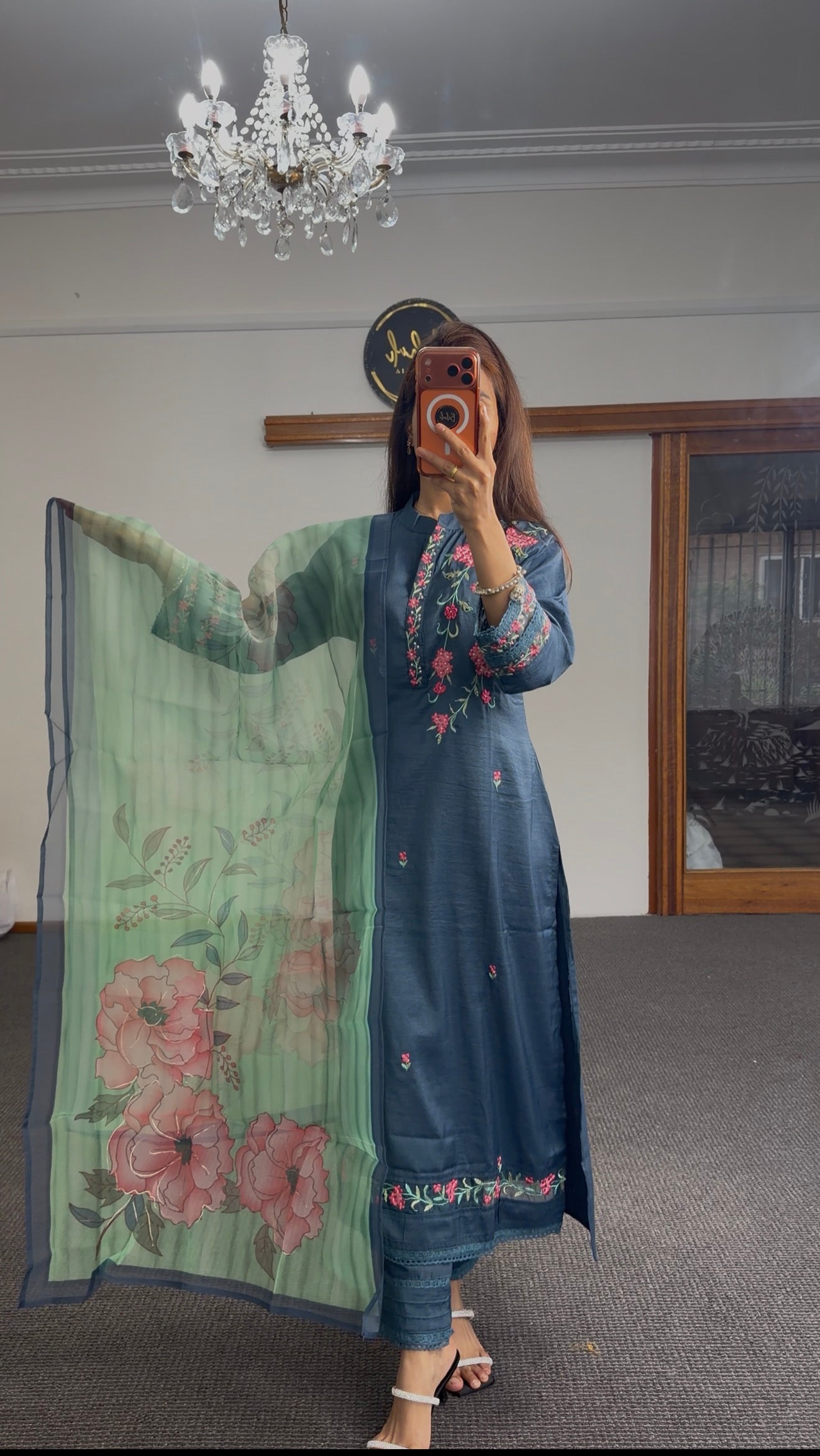Slate blue Floral Mix Silk Kurti Set