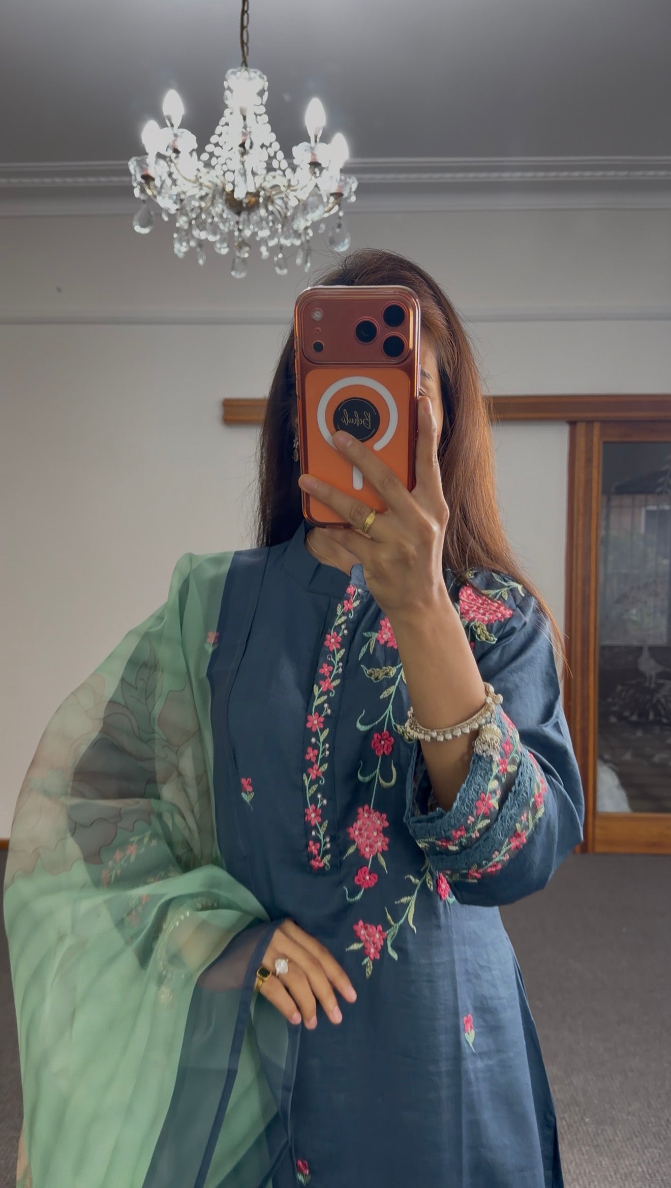 Slate blue Floral Mix Silk Kurti Set