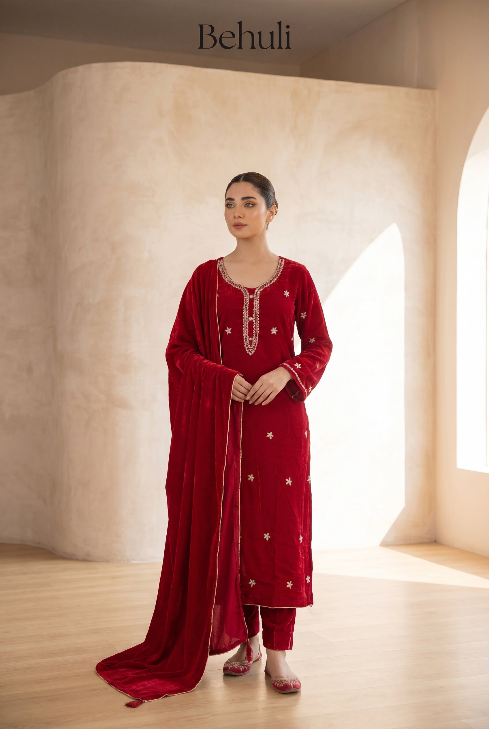 Red Velvet Kurti Set with Gota Patti Embroidery