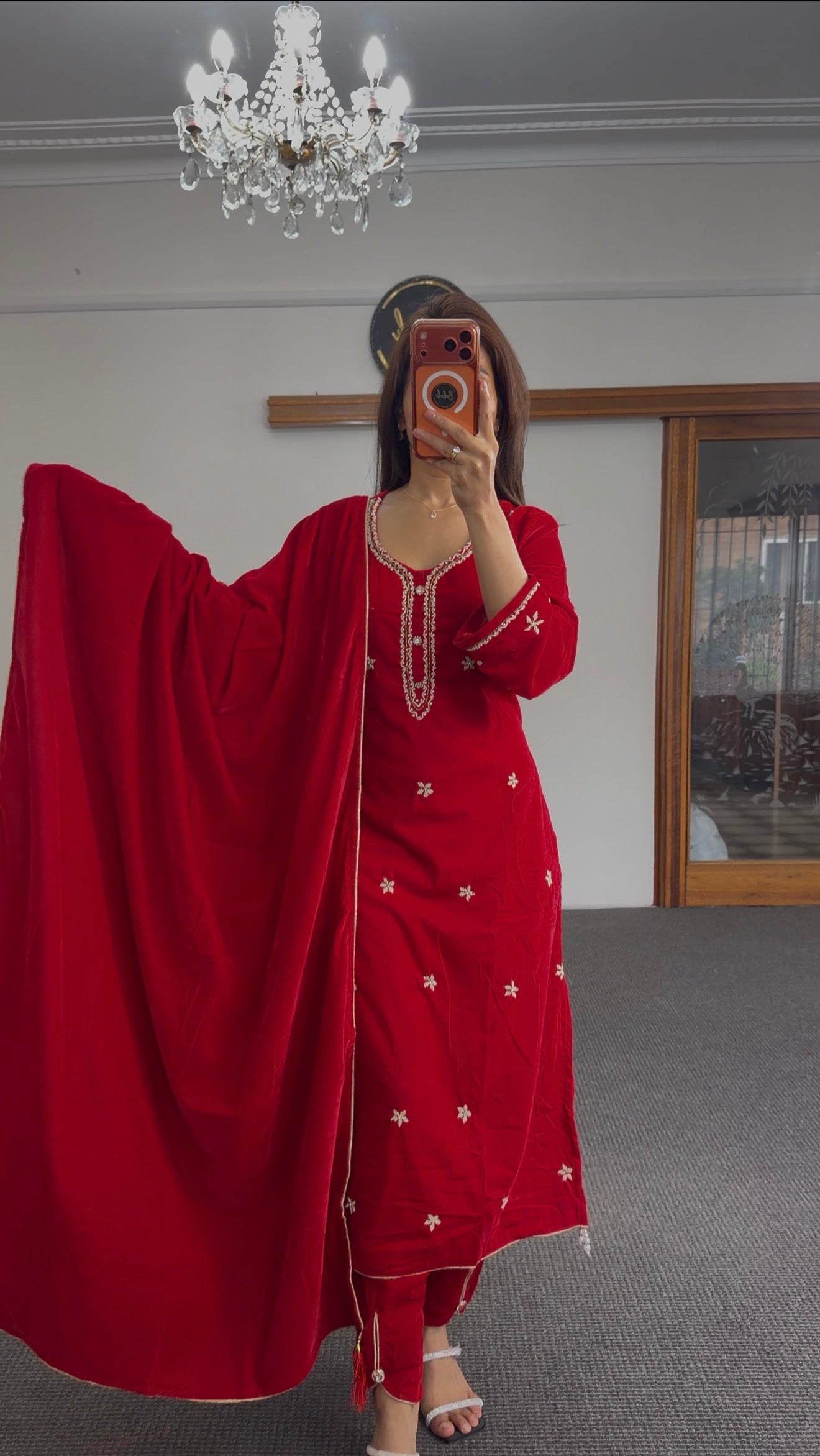 Red Velvet Kurti Set with Gota Patti Embroidery