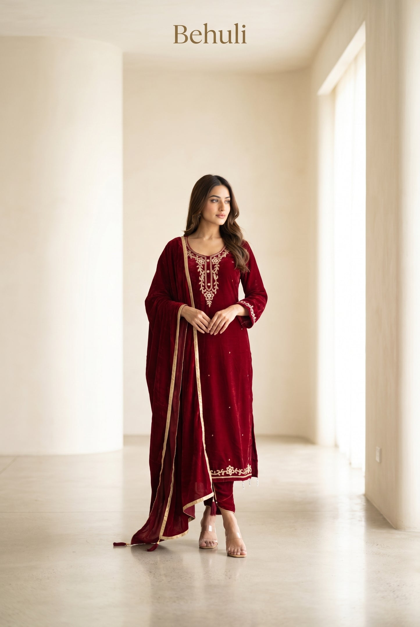 Red Velvet Kurti Set with Gota Patti Embroidery