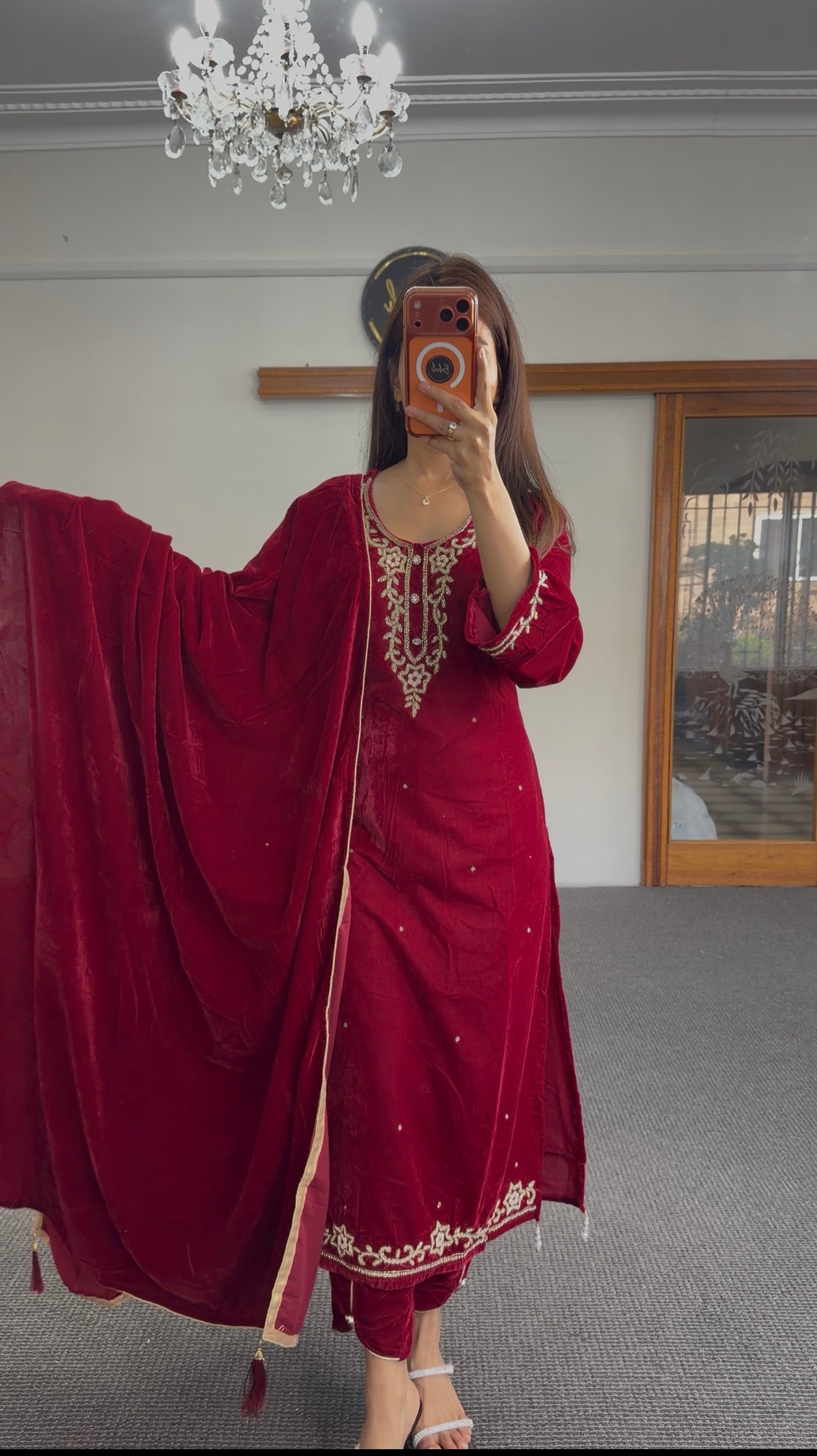 Red Velvet Kurti Set with Gota Patti Embroidery