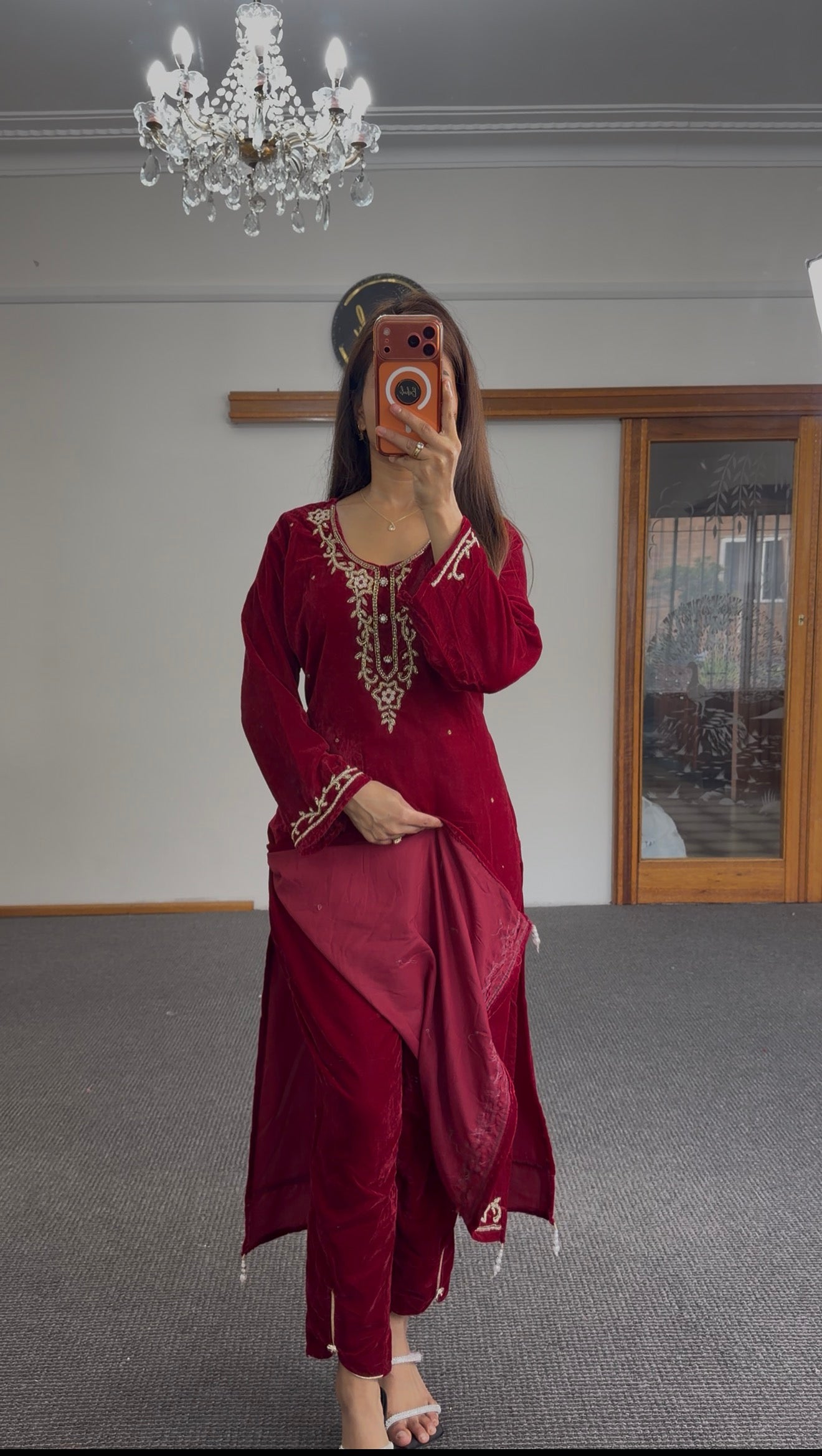 Red Velvet Kurti Set with Gota Patti Embroidery