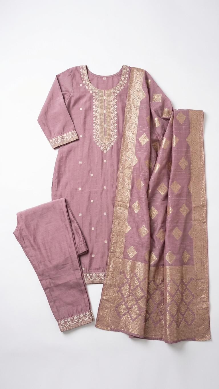 Dusty Rose Chikankari-style Silk Kurta Set