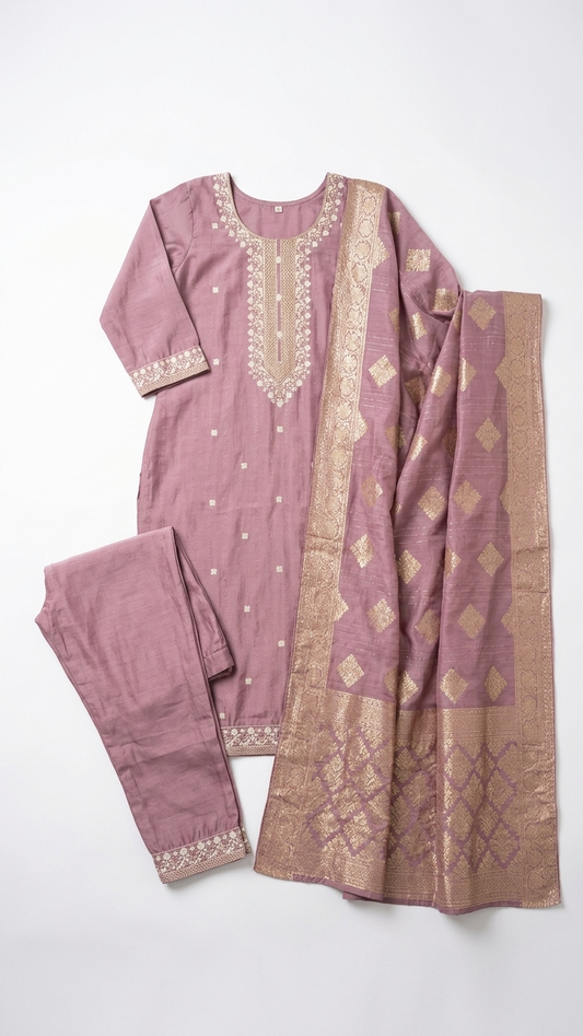 Dusty Rose Chikankari-style Silk Kurta Set