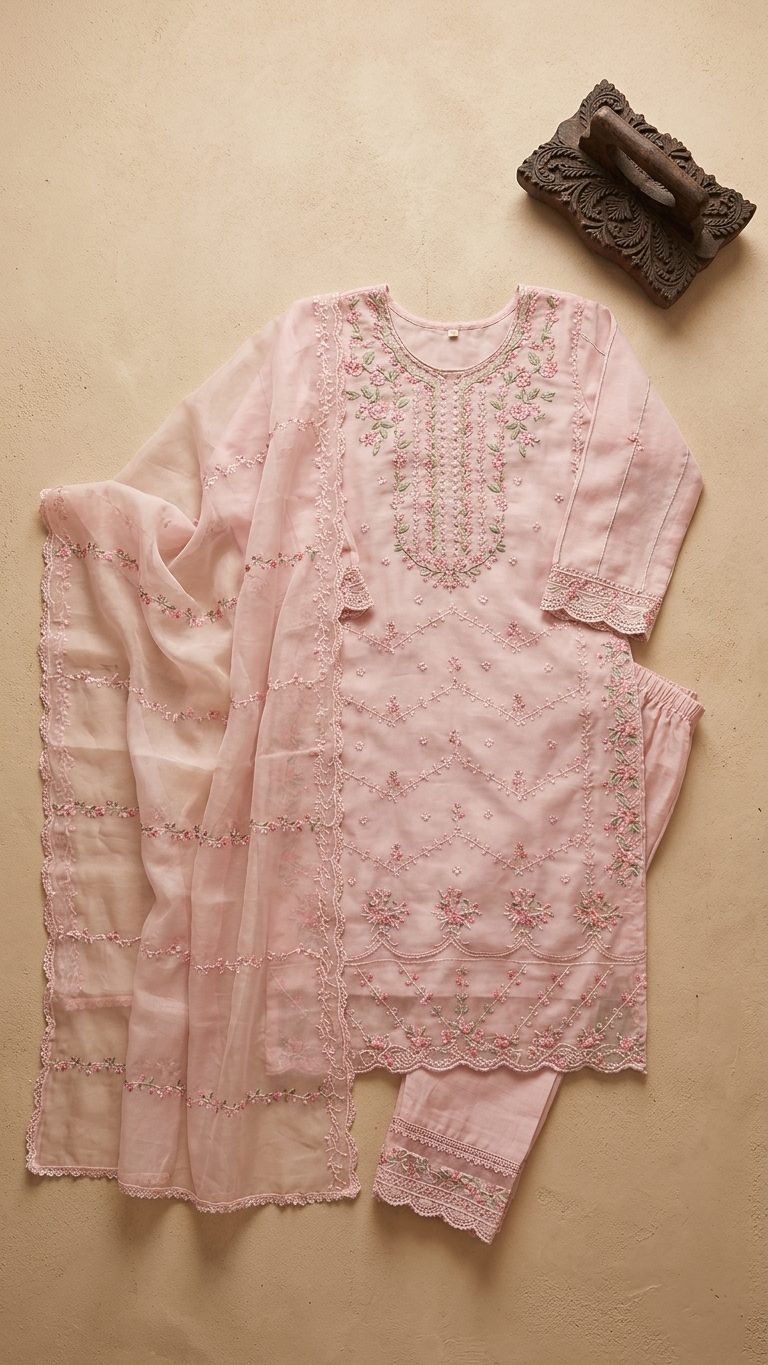 Blush Chikankari Organza Kurti Set