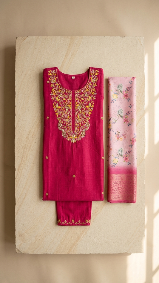 Fuchsia Zari Silk Kurti Set