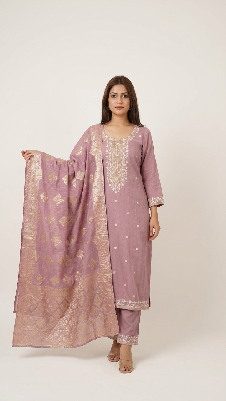 Dusty Rose Chikankari-style Silk Kurta Set