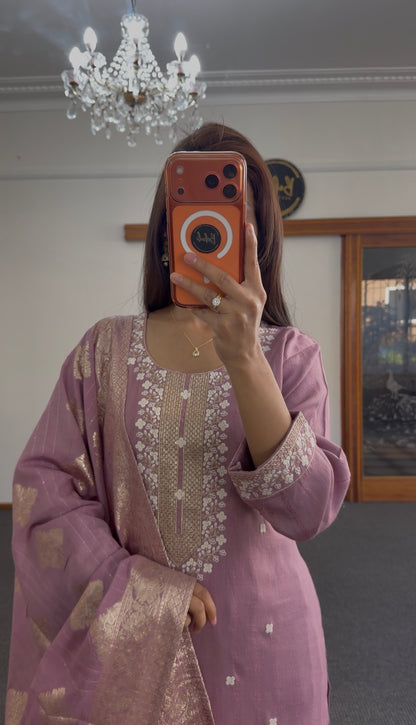 Dusty rose raw silk kurta set with chikankari-style white embroidery — Behuli Australia — alternate view 3