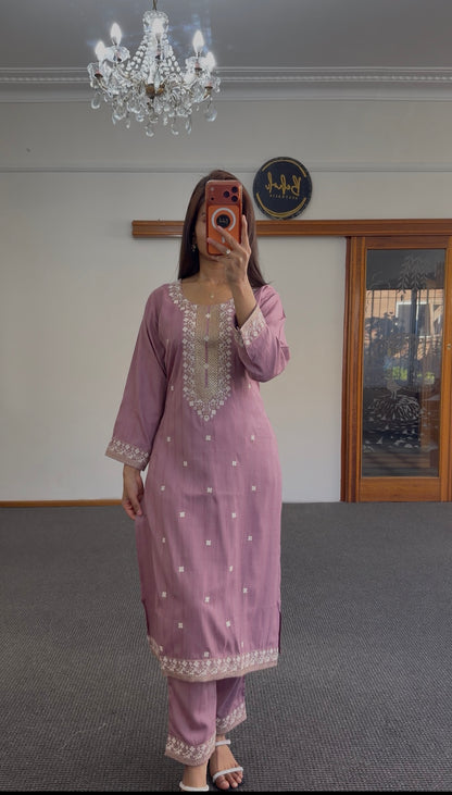 Dusty rose raw silk kurta set with chikankari-style white embroidery — Behuli Australia — alternate view 4