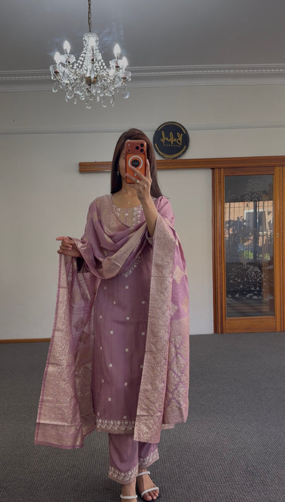 Dusty rose raw silk kurta set with chikankari-style white embroidery — Behuli Australia — alternate view 5