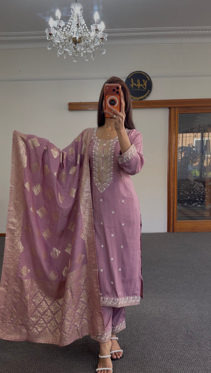 Dusty rose raw silk kurta set with chikankari-style white embroidery — Behuli Australia — alternate view 6